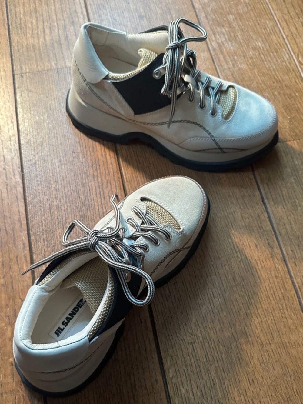 Jil Sander Cream, Black & White Leather and Suede lugg sole Sneakers
